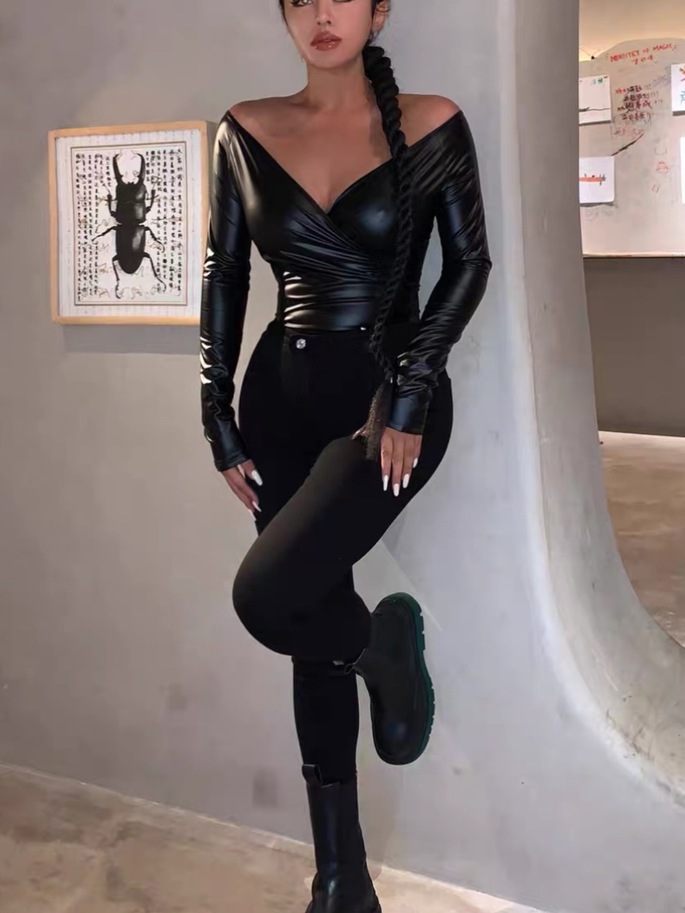 Black faux leather off the shoulder long sleeve top bodysuit